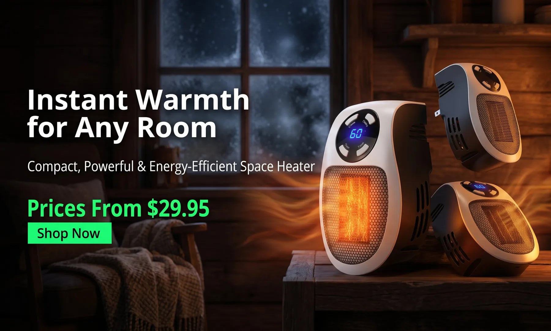 Instant warmth for any room: compact space heater, prices from $29.95